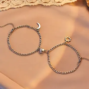 New 2pcs/set Magnetic Heart Sun And Moon Lover Valentine's Day Stainless Steel Bracelet For Matching Couples Bracelets