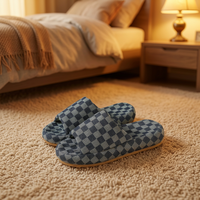 Chaussons d'intérieur à bout ouvert motif damier, en tissu doux, semelle en caoutchouc antidérapante, vente en gros, personnalisation possible