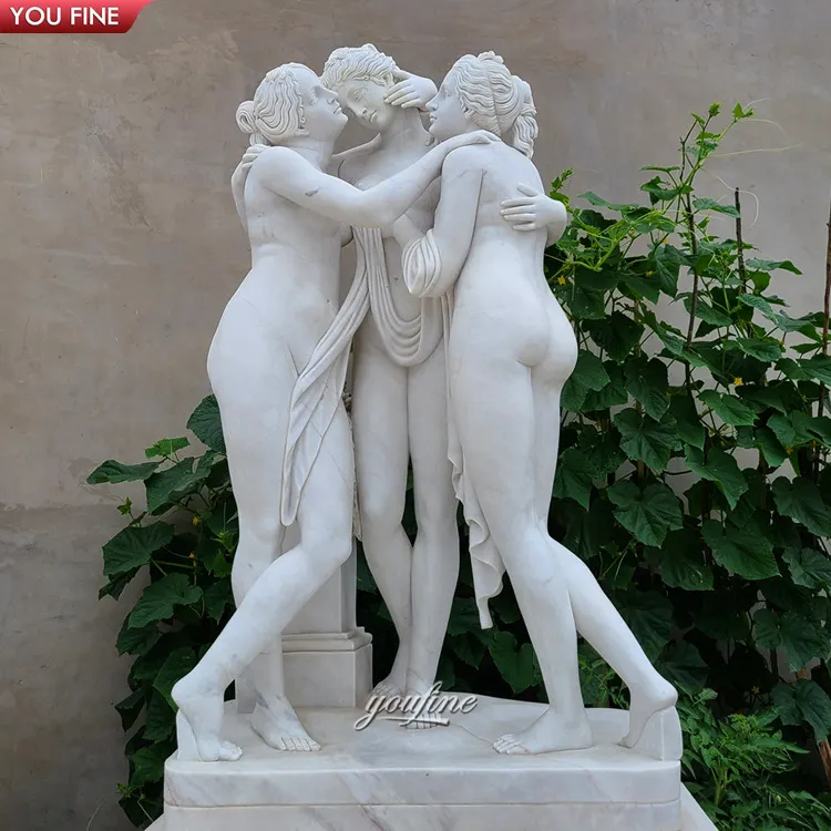 Intagliato A mano Giardino Esterno Bianco Delle Donne di Pietra Naturale Scultura Tre Grazie Statue di Marmo Della Signora