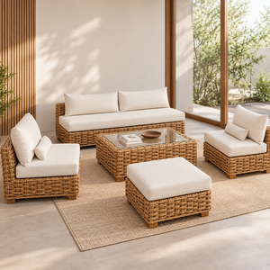 Conjunto de Sofá Moderno de Mimbre Natural para Interiores y Exteriores con Cojines para Jardín, Patio o Sala de Estar - Product Image 1