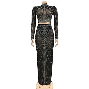 Lang Jun's Black Mesh Hot Stamping Diamond Perspective Tight Sexy Long Dress Ensemble de deux pièces pour les spectacles de discothèque et de bar - Product Image 5