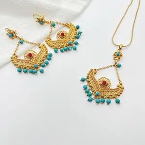 Fashion Jewelry Accessories Vintage New 2023 Tibet Ethnic Turquoise Tassel Beads Gold Plated Necklace Earrings Jewelry Sets