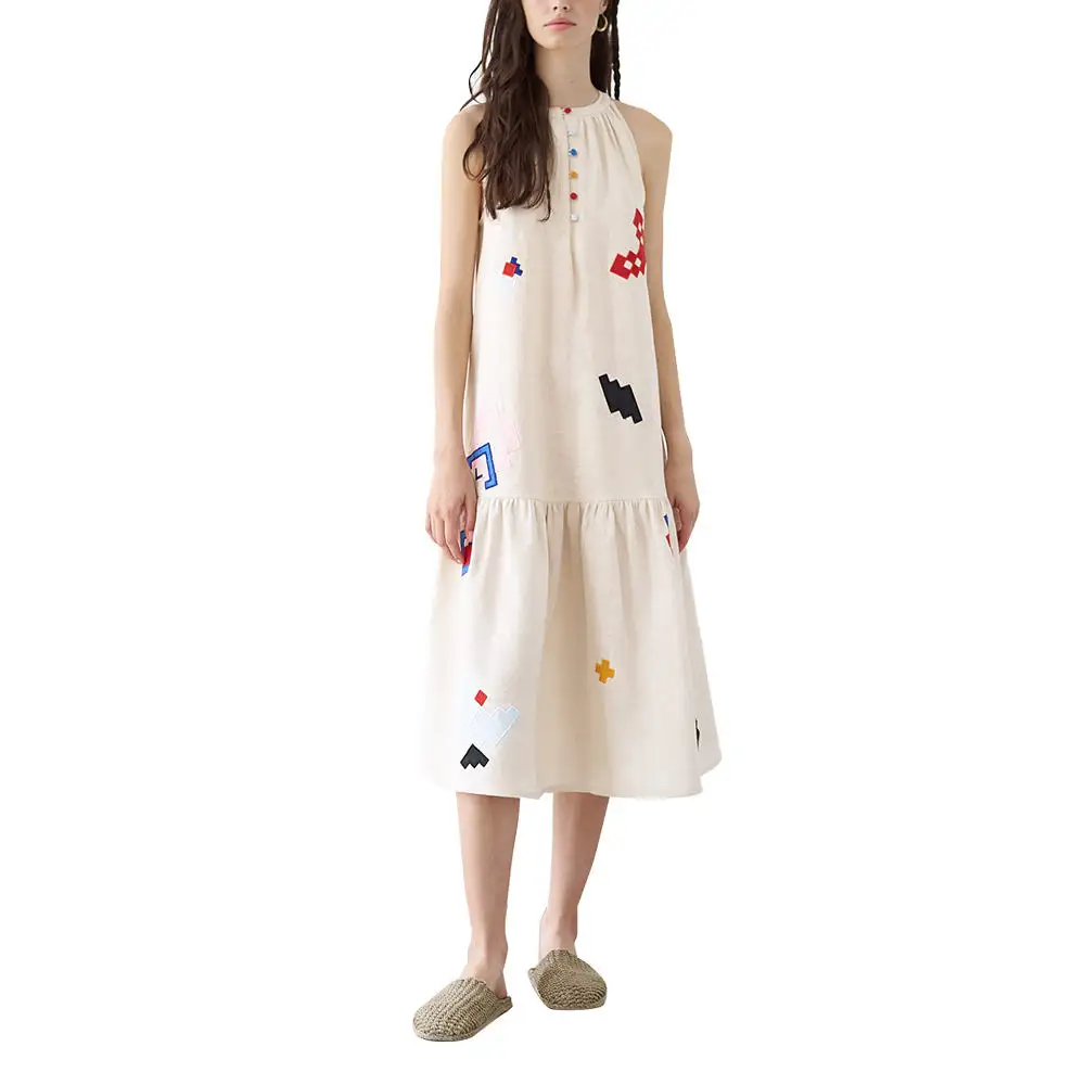 OEM custom summer women clothes lady midi sleeveless linen pattern embroidery elegant Casual Dresses