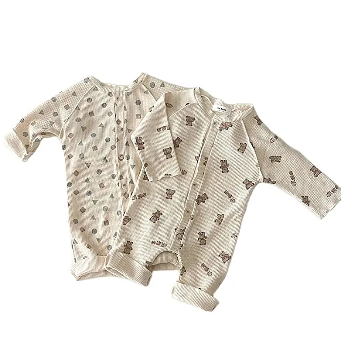 Jumpsuit bayi laki-laki dan perempuan, Jumpsuit katun lengan panjang grafik beruang lucu Semua cocok untuk bayi baru lahir Romper cetak geometris