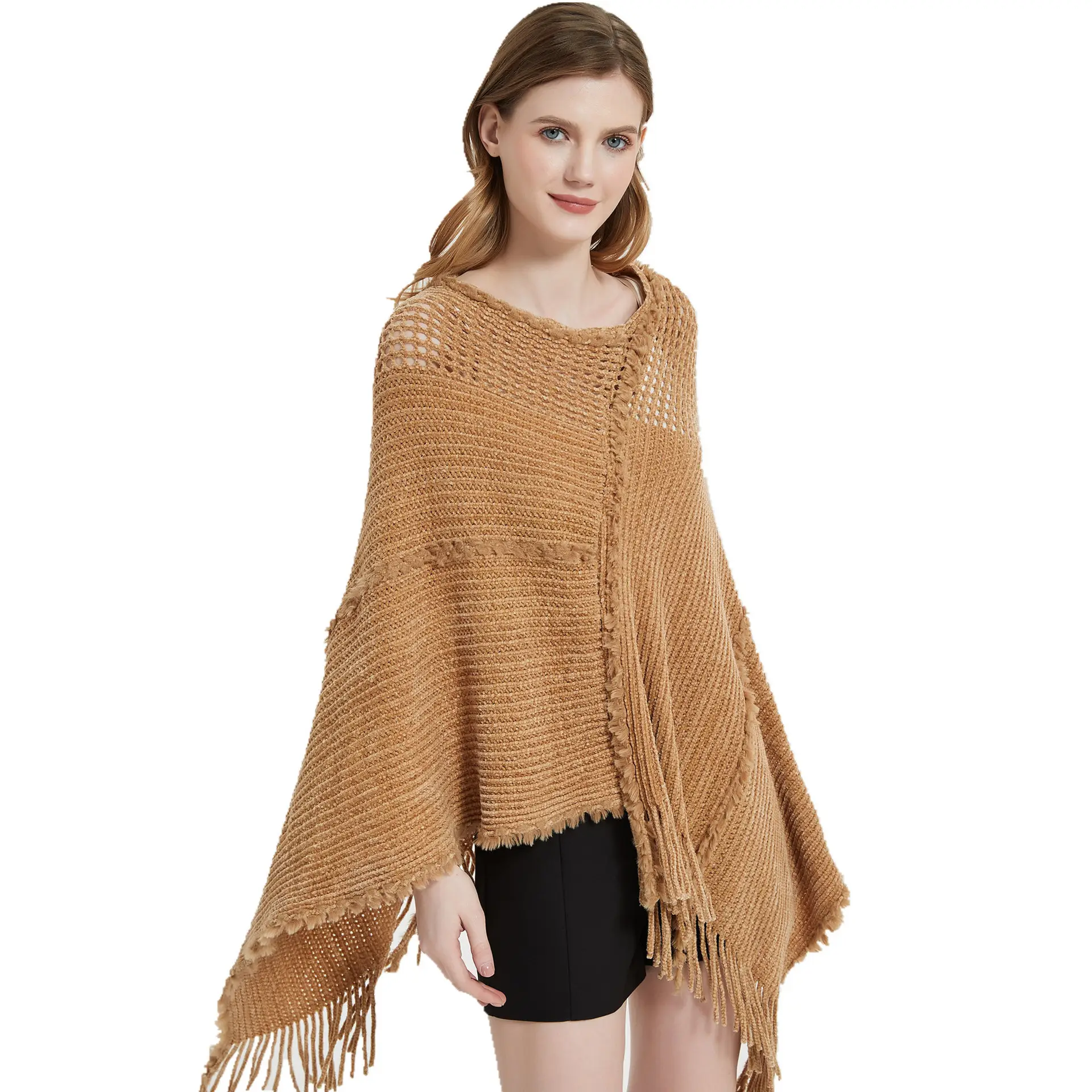 Mu blusa de malha com borla para mulheres, poncho quente com borla, outros cachecóis e xales para mulheres, xale de crochê