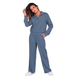 Conjunto de sudadera azul con cierre de cremallera y pantalones anchos para mujer, ropa cómoda y estética para estar en casa. - Product Image 1
