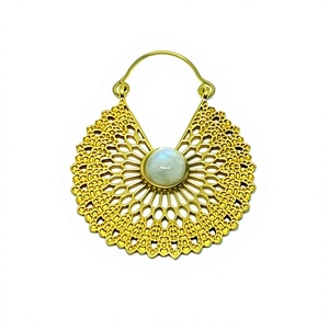 Wholesale Gold Bohemian Style Brass <b>Hoop</b> Earrings with Rainbow Moonstone for Women's Anniversary Occasion - Product Image 1