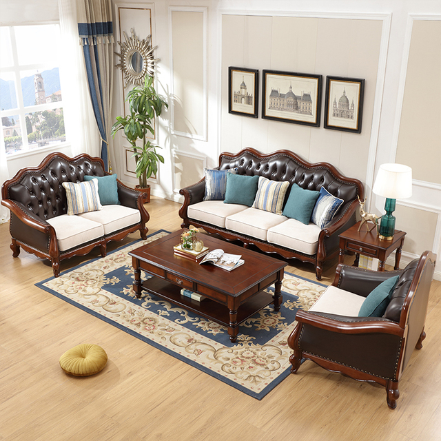 Vintage Two-Tone Leather Sofa Set, American Classic Living Room Furniture with Tufted Design & Mixed Upholstery