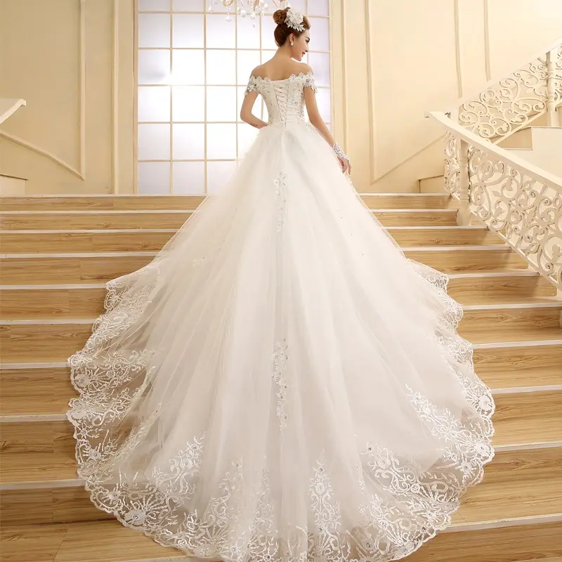 Vestido Da Sposa Abiti Da Sposa Nuovo Abito Da Sposa Della Principessa Pizzo Bianco Perline di Cristallo Con Scollo A Barchetta Treno Reale A Buon Mercato Abiti Più Il Formato