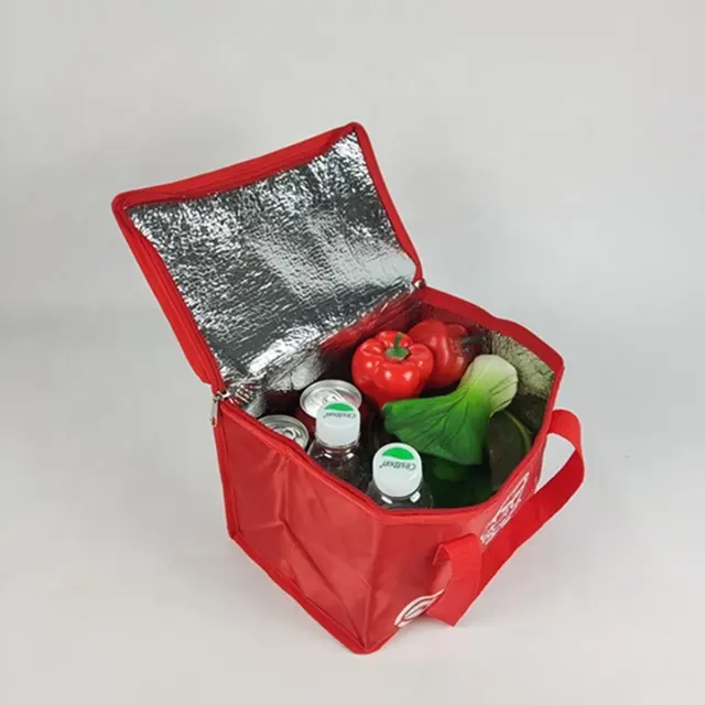 Bolsa cooler para viagens com zíper, bolsa fria de lancheira de tecido não tecida com zíper, vermelha, para alimentos, logotipo personalizado, piquenique