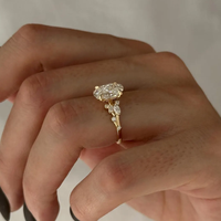 Bague de fiançailles en or jaune 14 carats avec diamant ovale de 2 carats cultivé en laboratoire, bague unique en forme de feuille et de branche, bague de forme ovale