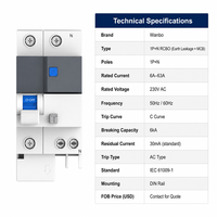 Disjoncteur différentiel RCBO sur rail DIN Wanbo-496 1P+N 30mA avec protection contre les surcharges et les courts-circuits, courbe C 6kA