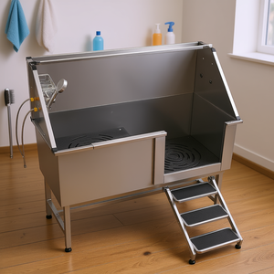 Bañera de acero inoxidable para peluquería canina de 62 pulgadas con escaleras para limpieza y baño de mascotas - Product Image 2