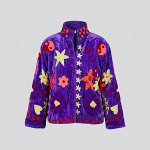 Women's Purple Velvet Embroidered Fleece <b>Jacket</b> With Floral Applique And <b>Star</b> Heart Pattern Stand Collar Open Closure - Product Image 1