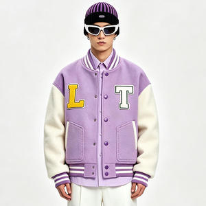 Custom Logo Snap Front Varsity <b>Jacket</b> Chenille Letter Patch Contrast Sleeves Striped Rib <b>Men</b> Letterman <b>Baseball</b> <b>Jacket</b> - Product Image 1