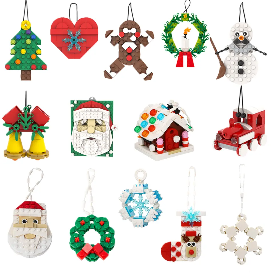MOC-tren con adornos de Navidad para niños, muñeco de nieve con cara de Papá Noel, árbol de Navidad, campana, corazón, anillo de nieve, bloques de construcción, Juguetes
