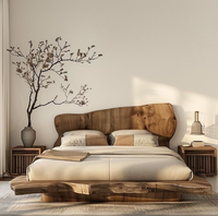 Wabi-Sabi-Stil Vintage Naturholz Villa Hotel Inneneinrichtung Kampferbaum Doppelbett mit verwitterter Plattform aus Massivholz