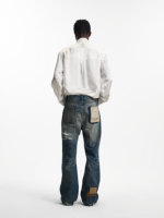Jean en denim vintage Huanqiu pour homme – Jean streetwear déchiré à taille mi-haute avec patchwork et empiècements en denim tissé