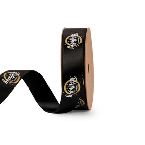 Ruban en satin gros-grain noir recyclé personnalisé de 1-1/2 po avec impression feuille d'or, simple face, motif anniversaire, pour emballage cadeau - Product Image 1