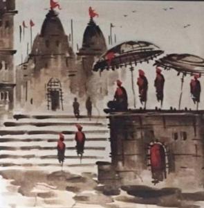Banaras Ghat Hand-Painted Watercolor Landscape <b>Canvas</b> Art Classical Style Indoor Decor 100% Handmade No <b>Frame</b> - Product Image 1