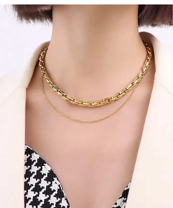 Collar con cadena de acero y titanio chapado en oro de 18K, Gargantilla sin recoger joyería