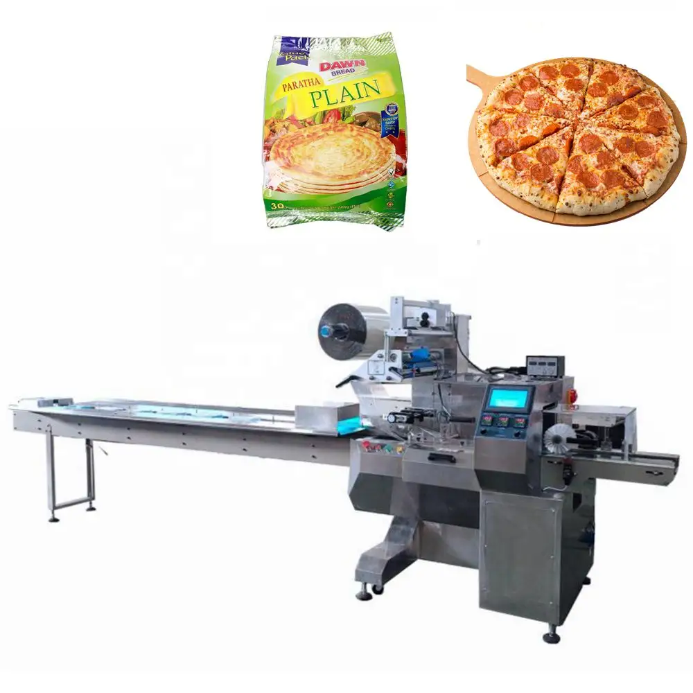 Volle rostfreie Bäckerei Ausrüstung Automatische Pizza Flow Pack Maschine Brot Gemüse Kissen Verpackungs maschine