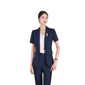 Women's Short Sleeve <b>Blazer</b> And Trousers <b>Set</b> Formal Workwear Anti-Wrinkle Worsted Commute Suit - Product Image 5