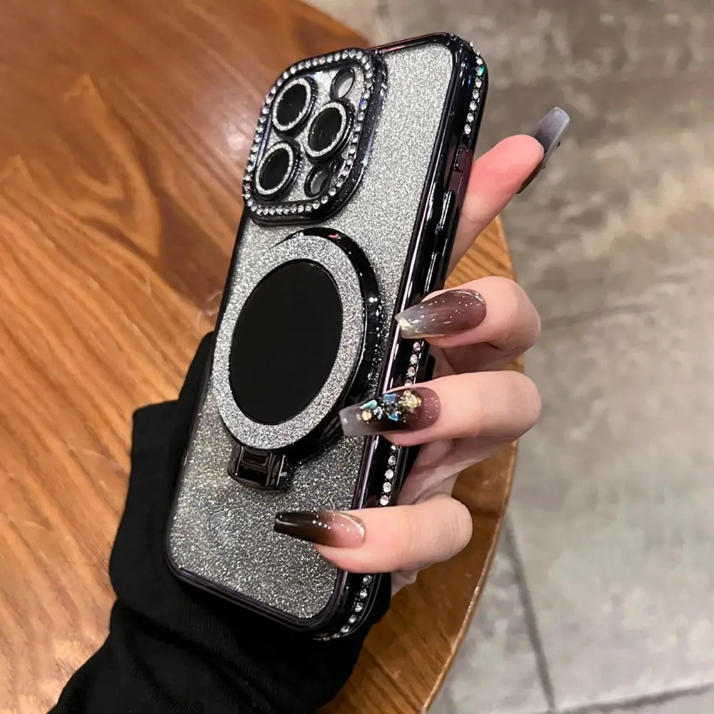 Caliente lujo chapado brillo diamante espejo con soporte cubierta magnética teléfono caso para iPhone 15 14 Plus 13 12 Pro Max 11