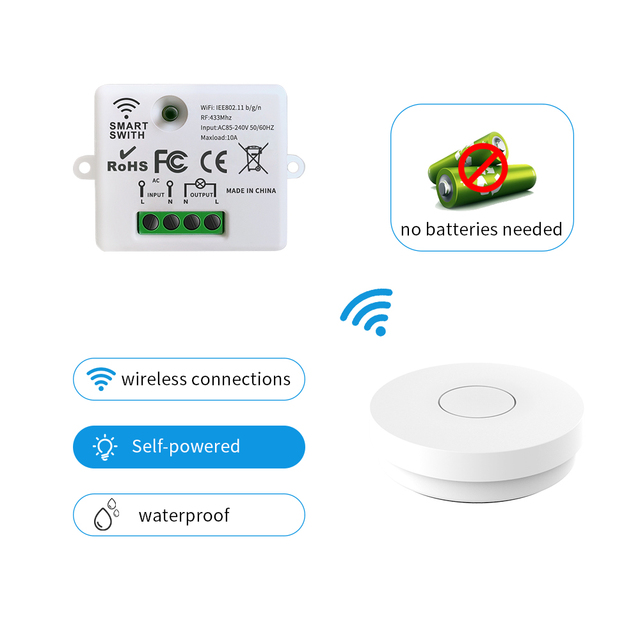 SIXWGH Wifi+RF433Mhz Relay Switch Self-Powered Wireless Wall Light Switch Waterproof Remote Controller with 10A Current for Home