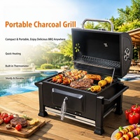 Barbecue portable de table au charbon de bois avec thermomètre intégré, évier latéral en acier laminé à froid pour camping en extérieur et cuisine de jardin