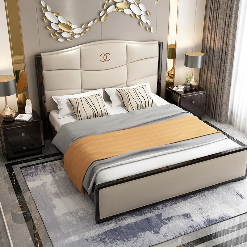 Son İtalyan yatak tasarım döşemeli tek kral kraliçe tam boy karyola iskeleti modern masif ahşap taban yatak odası seti mobilya
