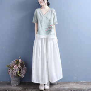 Women Cotton Linen V-neck Short Sleeve Top With Floral Embroidery Chinese Style Tea Dress Breathable Summer <b>Blouse</b> - Product Image 2
