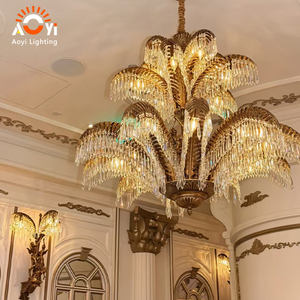 <span class=keywords><strong>Lustre</strong></span> LED vintage en cristal doré en forme de <span class=keywords><strong>palmier</strong></span> avec frondes étagées et prismes en cascade, garantie 5 ans pour hall d'hôtel de prestige - Product Image 2