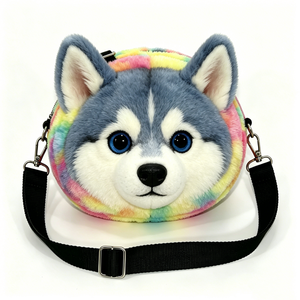 Customized Colorful husky face plush sling <b>bag</b>, Round fuzzy husky plush crossbody purse, Rainbow husky plush crossbody <b>bag</b> - Product Image 1