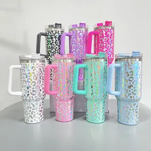 Vinyl bọc decal chân không cách nhiệt du lịch Tumbler 40oz báo cà phê Mug Tumbler cup với nắp và rơm óng ánh chai nước