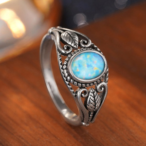 T0948 Women's 925 Sterling <b>Silver</b> <b>Opal</b> <b>Ring</b> Feather Design Antique <b>Silver</b> Plated Bezel Setting Gift Jewelry - Product Image 5