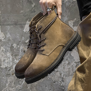 Bottes de travail tendance pour hommes, style rétro américain, résistantes à l'usure, bottes à la cheville en daim, bottes en cuir - Product Image 1