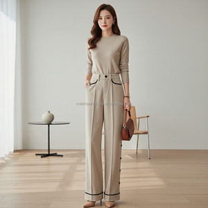 Custom Women's Contrast Piping Corduroy <strong>Trousers</strong> with Side Buttons Soft Bottoms Pants <strong>Ladies</strong> - Product Image 3
