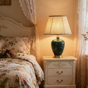 Dark Green Ceramic Table Lamp E27 LED 220V Switch Control Eye Caring Modern Minimalist Bedroom Living Room Ambient <b>Light</b> - Product Image 3