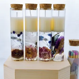 Bougie de cire gel gelée double couche en verre rond personnalisé de luxe fleur séchée couvercle en liège fleur séchée pot de gelée parfumé bougies en verre