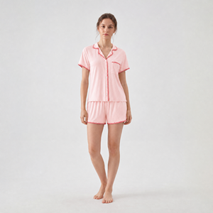 Conjunto de Pijama SUHE PJ-1484 para Mujer, Color Rosa, Manga Corta, con Bolsillo, Tejido de Algodón Transpirable, Ropa de Dormir Informal para Primavera/Verano - Product Image 2