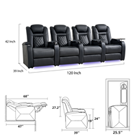 Canapé inclinable moderne quatre places en cuir véritable avec mémoire de forme, appuie-tête motorisé, lumières LED, rangement, ports USB, structure en bois et métal