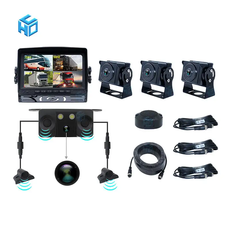 Truck mixing muck HD AHD four channel video recorder monitoring and recording radar integrated reversing image system