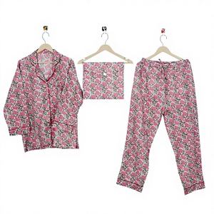 Conjunto de Pijama de Algodón Hecho a Mano en India para Mujer, Estampado Floral, Transpirable, Suave, de Secado Rápido, Cómodo, de Manga Larga - Product Image 1