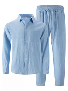 Nuovo <span class=keywords><strong>Completo</strong></span> <span class=keywords><strong>Uomo</strong></span> 2 Pezzi in Misto <span class=keywords><strong>Lino</strong></span> 2026 - Camicia a Maniche Lunghe e Pantaloni con Coulisse, Abbigliamento Estivo per Vacanze - Product Image 5
