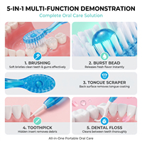 Lot de 5 mini-brosses à dents jetables 5-en-1 avec dentifrice, gratte-langue et fil dentaire pour hôtel ou voyage
