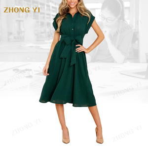 Estate donna manica corta tinta unita abito lungo tunica negozio splendido <span class=keywords><strong>smeraldo</strong></span> manica corta abito Midi - Product Image 4