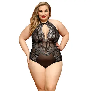 Đen Sheer ren cô gái Nighty sexy đêm đồ lót cộng với kích thước Teddy cho chất béo phụ nữ trưởng thành bodysuit