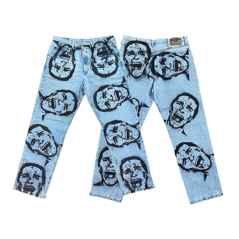 2024 New SBM individuelle Grafik Hip Hop Herren Denim Streetwear blau Baggy Bootcut Unisex Jeans