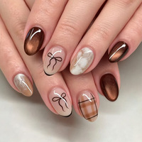 24 faux ongles à presser, forme amande, motif œil de chat marron, marbré, à carreaux, avec nœud, avec gelée adhésive et lime à ongles, vente en gros et dropshipping